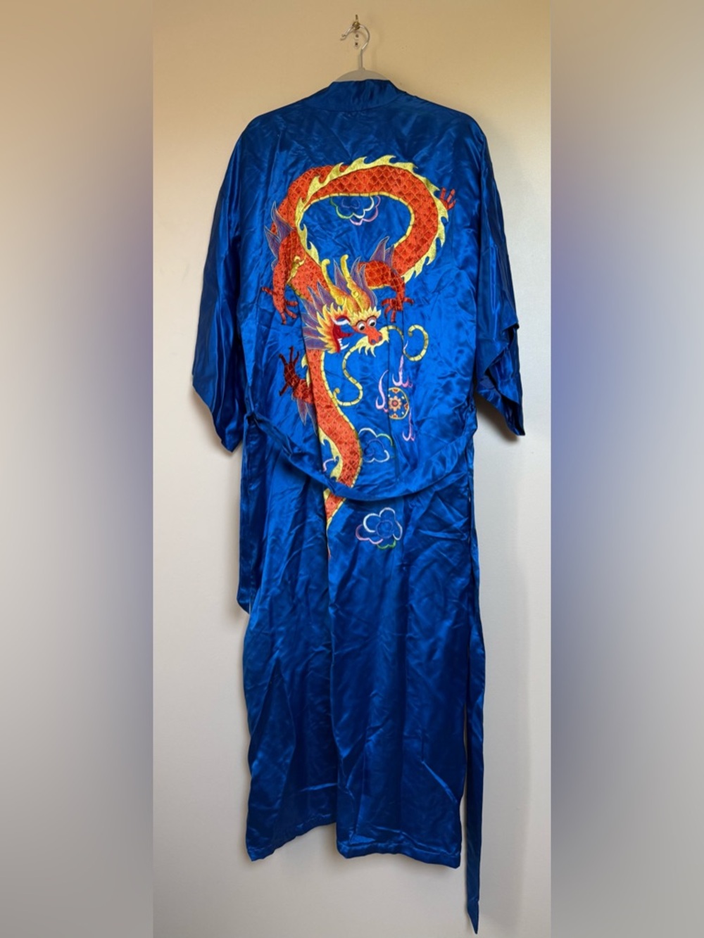 Vintage Golden Dragon Silk Hand Embroidered Japan Kimono Robe Blue